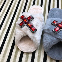 Load image into Gallery viewer, Women&#39;s  Fluffy Slippers With Sparkly Embellished Cross
