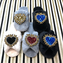 Load image into Gallery viewer, Women&#39;s  Fluffy Slippers With Sparkly Embellished Crystal Heart
