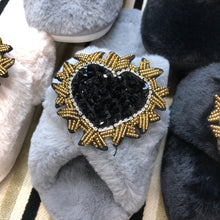 Load image into Gallery viewer, Women&#39;s  Fluffy Slippers With Sparkly Embellished Crystal Heart
