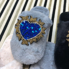 Load image into Gallery viewer, Women&#39;s  Fluffy Slippers With Sparkly Embellished Crystal Heart

