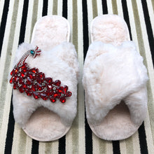 Load image into Gallery viewer, Women&#39;s  Fluffy Slippers With Sparkly Embellished Red Peacock
