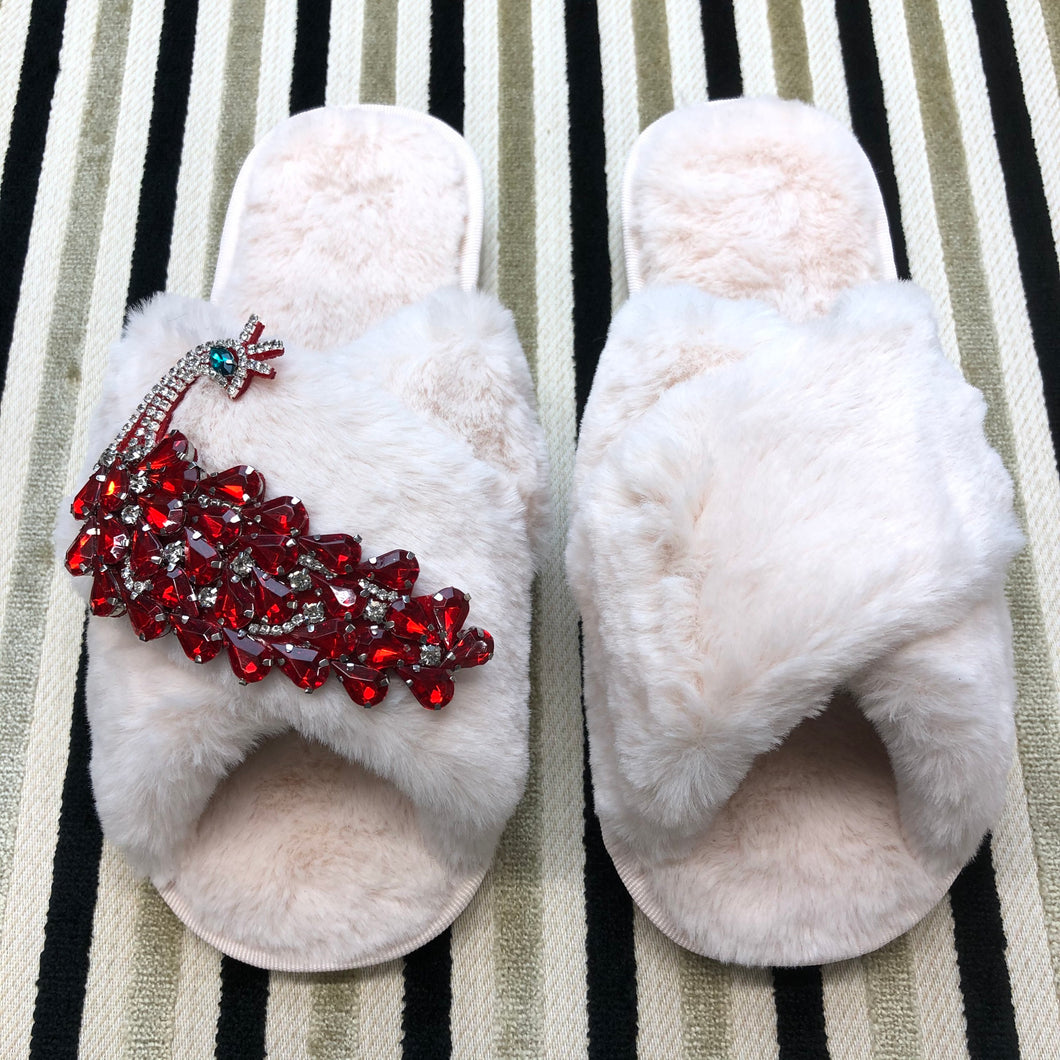 Women's  Fluffy Slippers With Sparkly Embellished Red Peacock