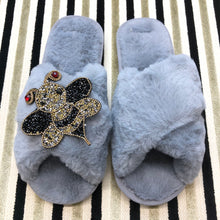 Load image into Gallery viewer, Women&#39;s  Fluffy Slippers With Sparkly Embellished Beautiful Busy Bee
