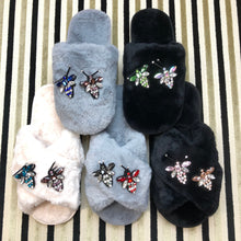 Load image into Gallery viewer, Women&#39;s  Fluffy Slippers With Sparkly Embellished 2 little Bees
