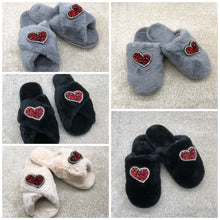 Load image into Gallery viewer, Women&#39;s  Fluffy Slippers With Sparkly Embellished Crystal Hearts
