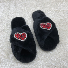 Load image into Gallery viewer, Women&#39;s  Fluffy Slippers With Sparkly Embellished Crystal Hearts
