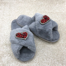 Load image into Gallery viewer, Women&#39;s  Fluffy Slippers With Sparkly Embellished Crystal Hearts
