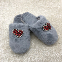 Load image into Gallery viewer, Women&#39;s  Fluffy Slippers With Sparkly Embellished Crystal Hearts
