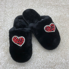 Load image into Gallery viewer, Women&#39;s  Fluffy Slippers With Sparkly Embellished Crystal Hearts
