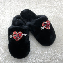 Load image into Gallery viewer, Women&#39;s  Fluffy Slippers With Sparkly Embellished Arrow Heart
