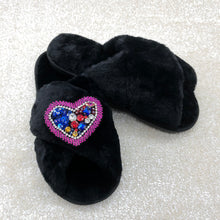 Load image into Gallery viewer, Women&#39;s  Fluffy Slippers With Sparkly Embellished Colourful Heart
