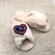 Load image into Gallery viewer, Women&#39;s  Fluffy Slippers With Sparkly Embellished Colourful Heart
