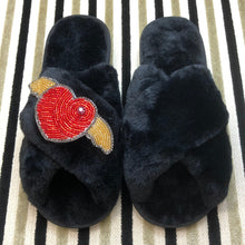 Load image into Gallery viewer, Women&#39;s  Fluffy Slippers With Sparkly Embellished Winged Heart
