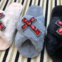 Load image into Gallery viewer, Women&#39;s  Fluffy Slippers With Sparkly Embellished Cross
