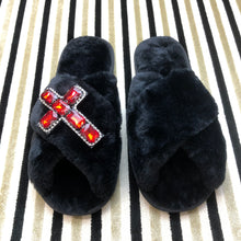 Load image into Gallery viewer, Women&#39;s  Fluffy Slippers With Sparkly Embellished Cross
