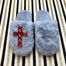 Load image into Gallery viewer, Women&#39;s  Fluffy Slippers With Sparkly Embellished Cross
