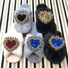 Load image into Gallery viewer, Women&#39;s  Fluffy Slippers With Sparkly Embellished Crystal Heart

