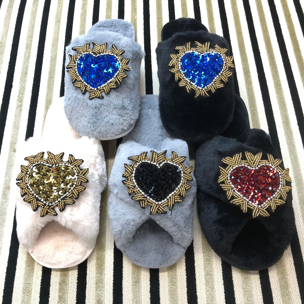 Women's  Fluffy Slippers With Sparkly Embellished Crystal Heart