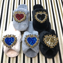 Load image into Gallery viewer, Women&#39;s  Fluffy Slippers With Sparkly Embellished Crystal Heart

