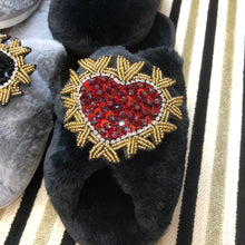 Load image into Gallery viewer, Women&#39;s  Fluffy Slippers With Sparkly Embellished Crystal Heart
