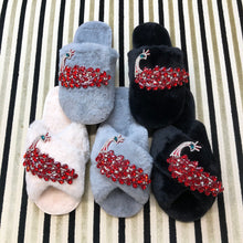 Load image into Gallery viewer, Women&#39;s  Fluffy Slippers With Sparkly Embellished Red Peacock

