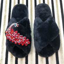 Load image into Gallery viewer, Women&#39;s  Fluffy Slippers With Sparkly Embellished Red Peacock
