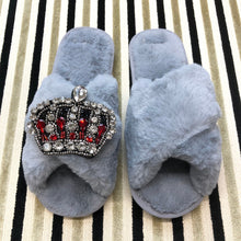 Load image into Gallery viewer, Women&#39;s  Fluffy Slippers With Sparkly Embellished Royal Crown
