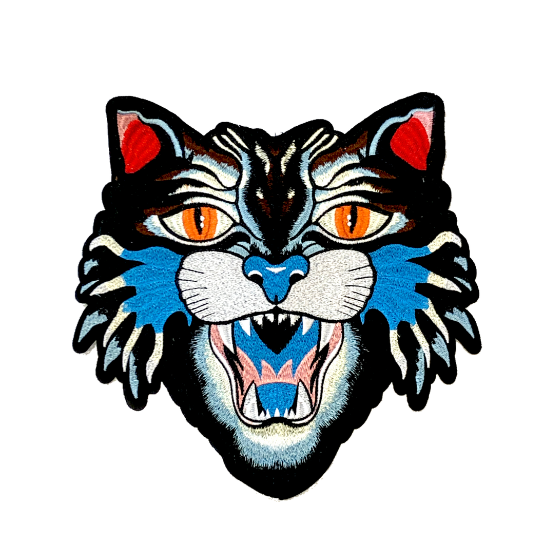 Large Colourful Blue  Embroidered Tiger Head Applique Patch